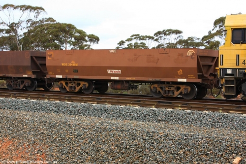 100822 5849
WOE type iron ore waggon WOE 33488 is one of a batch of one hundred and twenty eight built by United Group Rail WA between August 2008 and March 2009 with serial number 950211-028 and fleet number 9020 for Koolyanobbing iron ore operations, Binduli Triangle August 22, 2010.
Keywords: WOE-type;WOE33488;United-Group-Rail-WA;950211-028;
