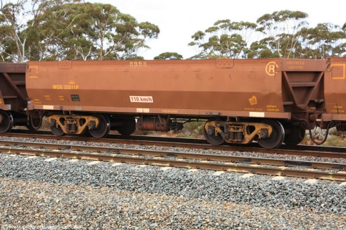 100822 5874
WOE type iron ore waggon WOE 33511 is one of a batch of one hundred and twenty eight built by United Group Rail WA between August 2008 and March 2009 with serial number 950211-051 and fleet number 8998 for Koolyanobbing iron ore operations, Binduli Triangle 22nd August 2010.
Keywords: WOE-type;WOE33511;United-Group-Rail-WA;950211-051;
