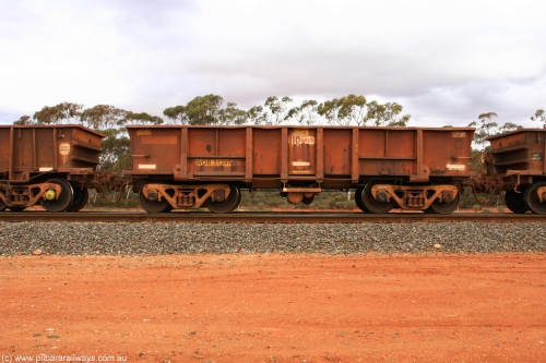 100822 5930
WOB type iron ore waggon WOB 31397 is one of a batch of twenty five built by Comeng WA between 1974 and 1975 and converted from Mt Newman high sided waggons by WAGR Midland Workshops with a capacity of 67 tons with fleet number 321 for Koolyanobbing iron ore operations. This waggon was also converted to a WSM type ballast hopper by re-fitting the cut down top section and having bottom discharge doors fitted, converted back to WOB in 1998, Binduli Triangle August 22, 2010.
Keywords: WOB-type;WOB31397;Comeng-WA;WSM-type;Mt-Newman-Mining;