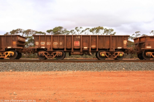100822 5931
WO type iron ore waggon WO 31299 is one of a batch of fifteen built by WAGR Midland Workshops between July and October 1968 with fleet number 178 for Koolyanobbing iron ore operations, with a 75 ton and 1018 ft³ capacity, Binduli Triangle August 22, 2010. This unit was converted to WOS superphosphate in the late 1980s till 1994 when it was re-classed back to WO.
Keywords: WO-type;WO31299;WAGR-Midland-WS;WOS-type;