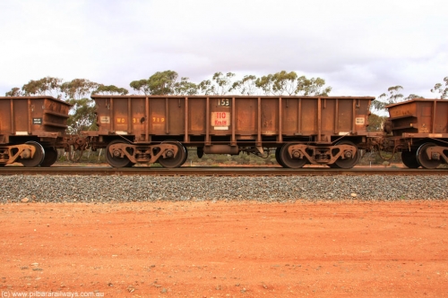 100822 5938
WO type iron ore waggon WO 31271 is one of a batch of eighty six built by WAGR Midland Workshops between 1967 and March 1968 with fleet number 153 for Koolyanobbing iron ore operations, with a 75 ton and 1018 ft³ capacity, Binduli Triangle 22nd August 2010. This unit was converted to WOS superphosphate in the late 1980s till 1994 when it was re-classed back to WO.
Keywords: WO-type;WO31271;WAGR-Midland-WS;WOS-type;