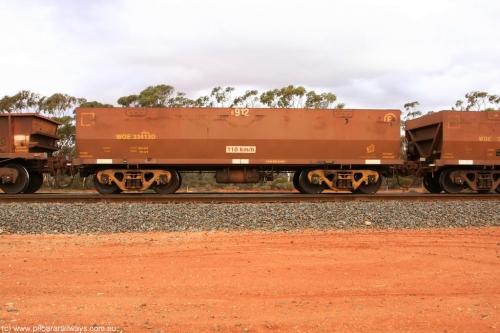 100822 5949
WOE type iron ore waggon WOE 33413 is one of a batch of one hundred and forty one built by United Group Rail WA between November 2005 and April 2006 with serial number 950142-118 and fleet number 8912 for Koolyanobbing iron ore operations, Binduli Triangle August 22, 2010.
Keywords: WOE-type;WOE33413;United-Group-Rail-WA;950142-118;