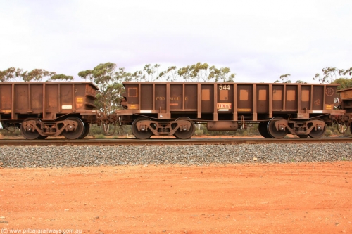 100822 5955
WOD type iron ore waggon WOD 31481 is one of a batch of sixty two built by Goninan WA between April and August 2000 with serial number 950086-053 and fleet number 542 for Koolyanobbing iron ore operations with a 75 ton capacity for Portman Mining to cart their Koolyanobbing iron ore to Esperance, now with PORTMAN painted out, Binduli Triangle August 22, 2010.
Keywords: WOD-type;WOD31481;Goninan-WA;950086-053;