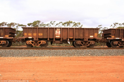 100822 5956
WO type iron ore waggon WO 31208 is one of a batch of eighty six built by WAGR Midland Workshops between 1967 and March 1968 with fleet number 104 for Koolyanobbing iron ore operations, with a 75 ton and 1018 ft³ capacity, Binduli Triangle August 22, 2010. This unit was converted to WOC for coal in 1986 till 1994 when it was re-classed back to WO.
Keywords: WO-type;WO31208;WAGR-Midland-WS;