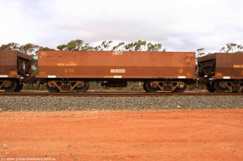 100822 5959
WOE type iron ore waggon WOE 33428 is one of a batch of one hundred and forty one built by United Group Rail WA between November 2005 and April 2006 with serial number 950142-133 and fleet number 8927 for Koolyanobbing iron ore operations, Binduli Triangle August 22, 2010.
Keywords: WOE-type;WOE33428;United-Group-Rail-WA;950142-133;