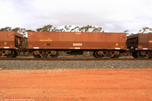 100822 5961
WOE type iron ore waggon WOE 33431 is one of a batch of one hundred and forty one built by United Group Rail WA between November 2005 and April 2006 with serial number 950142-136 and fleet number 8930 for Koolyanobbing iron ore operations, Binduli Triangle August 22, 2010.
Keywords: WOE-type;WOE33431;United-Group-Rail-WA;950142-136;