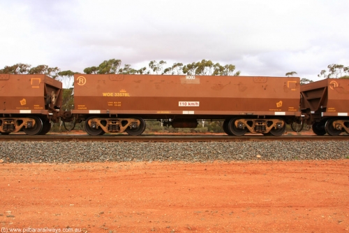 100822 5962
WOE type iron ore waggon WOE 33578 is one of a batch of one hundred and twenty eight built by United Group Rail WA between August 2008 and March 2009 with serial number 950211-118 and fleet number 9080 for Koolyanobbing iron ore operations, Binduli Triangle 22nd August 2010.
Keywords: WOE-type;WOE33578;United-Group-Rail-WA;950211-118;