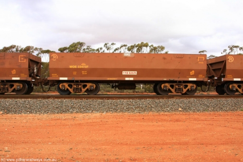 100822 5963
WOE type iron ore waggon WOE 33473 is one of a batch of one hundred and twenty eight built by United Group Rail WA between August 2008 and March 2009 with serial number 950211-015 and fleet number 8962 for Koolyanobbing iron ore operations, Binduli Triangle 22nd August 2010.
Keywords: WOE-type;WOE33473;United-Group-Rail-WA;950211-015;