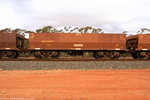 100822 5964
WOE type iron ore waggon WOE 33306 is one of a batch of one hundred and forty one built by United Goninan WA between November 2005 and April 2006 with serial number 950142-011 and fleet number 805 for Koolyanobbing iron ore operations, Binduli Triangle August 22, 2010.
Keywords: WOE-type;WOE33306;United-Goninan-WA;950142-011;