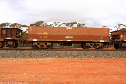 100822 5969
WOE type iron ore waggon WOE 33584 is one of a batch of one hundred and twenty eight built by United Group Rail WA between August 2008 and March 2009 with serial number 950211-124 and fleet number 9082 for Koolyanobbing iron ore operations, Binduli Triangle August 22, 2010.
Keywords: WOE-type;WOE33584;United-Group-Rail-WA;950211-124;
