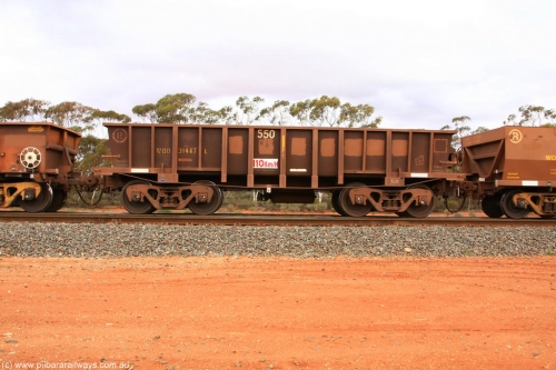 100822 5970
WOD type iron ore waggon WOD 31487 is one of a batch of sixty two built by Goninan WA between April and August 2000 with serial number 950086-059 and fleet number 550 for Koolyanobbing iron ore operations with a 75 ton capacity for Portman Mining to cart their Koolyanobbing iron ore to Esperance, now with PORTMAN painted out, Binduli Triangle August 22, 2010.
Keywords: WOD-type;WOD31487;Goninan-WA;950086-059;