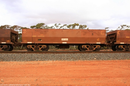 100822 5977
WOE type iron ore waggon WOE 33332 is one of a batch of one hundred and forty one built by United Goninan WA between November 2005 and April 2006 with serial number 950142-037 and fleet number 831 for Koolyanobbing iron ore operations, Binduli Triangle August 22, 2010.
Keywords: WOE-type;WOE33332;United-Goninan-WA;950142-037;