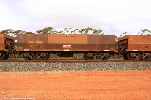 100822 5978
WOE type iron ore waggon WOE 31148 is one of a batch of fifteen built by Goninan WA between April and May 2002 with fleet number 730 for Koolyanobbing iron ore operations, Binduli Triangle August 22, 2010.
Keywords: WOE-type;WOE31148;Goninan-WA;