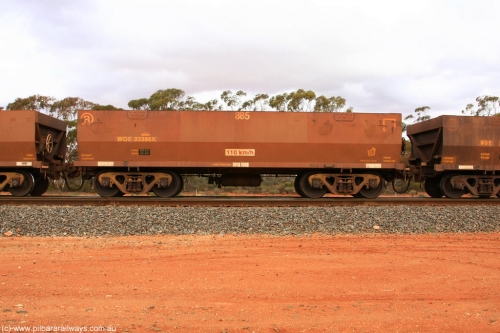 100822 5979
WOE type iron ore waggon WOE 33386 is one of a batch of one hundred and forty one built by United Group Rail WA between November 2005 and April 2006 with serial number 950142-091 and fleet number 885 for Koolyanobbing iron ore operations, Binduli Triangle August 22, 2010.
Keywords: WOE-type;WOE33386;United-Group-Rail-WA;950142-091;