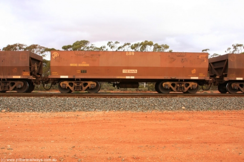 100822 5984
WOE type iron ore waggon WOE 33390 is one of a batch of one hundred and forty one built by United Group Rail WA between November 2005 and April 2006 with serial number 950142-095 and fleet number 889 for Koolyanobbing iron ore operations, Binduli Triangle August 22, 2010.
Keywords: WOE-type;WOE33390;United-Group-Rail-WA;950142-095;