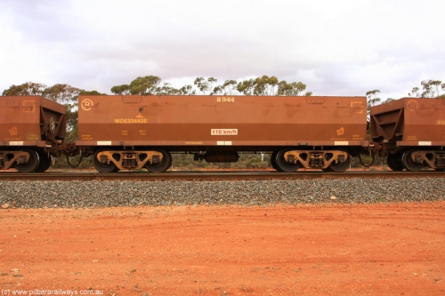 100822 5988
WOE type iron ore waggon WOE 33443 is one of a batch of seventeen built by United Group Rail WA between July and August 2008 with serial number 950209-007 and fleet number 8944 for Koolyanobbing iron ore operations, Binduli Triangle August 22, 2010.
Keywords: WOE-type;WOE33443;United-Group-Rail-WA;950209-007;