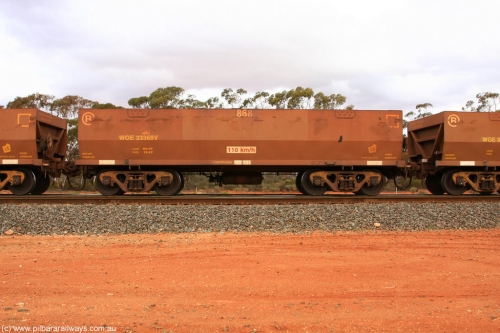 100822 5999
WOE type iron ore waggon WOE 33369 is one of a batch of one hundred and forty one built by United Goninan WA between November 2005 and April 2006 with serial number 950142-074 and fleet number 868 for Koolyanobbing iron ore operations, Binduli Triangle August 22, 2010.
Keywords: WOE-type;WOE33369;United-Goninan-WA;950142-074;
