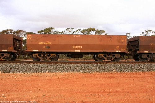 100822 6013
WOE type iron ore waggon WOE 33422 is one of a batch of one hundred and forty one built by United Group Rail WA between November 2005 and April 2006 with serial number 950142-127 and fleet number 8921 for Koolyanobbing iron ore operations, Binduli Triangle August 22, 2010.
Keywords: WOE-type;WOE33422;United-Group-Rail-WA;950142-127;