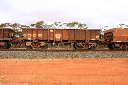 100822 6016
WO type iron ore waggon WO 31205 is one of a batch of eighty six built by WAGR Midland Workshops between 1967 and March 1968 with fleet number 102 for Koolyanobbing iron ore operations, with a 75 ton and 1018 ft.³ capacity, Binduli Triangle August 22, 2010. This unit was converted to WOS superphosphate in the late 1980s till 1994 when it was re-classed back to WO.
Keywords: WO-type;WO31205;WAGR-Midland-WS;WOS-type;