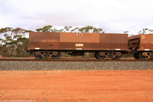 100822 6021
WOE type iron ore waggon WOE 30280 is one of a batch of one hundred and thirty built by Goninan WA between March and August 2001 with serial number 950092-030 and fleet number 622 for Koolyanobbing iron ore operations, Binduli Triangle August 22, 2010.
Keywords: WOE-type;WOE30280;Goninan-WA;950092-030;