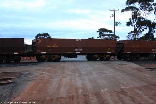 100822 6222
WOE type iron ore waggon WOE 33579 is one of a batch of one hundred and twenty eight built by United Group Rail WA between August 2008 and March 2009 with serial number 950211-104 and fleet number 9071 for Koolyanobbing iron ore operations, on empty train 1416 at Hampton, August 22, 2010.
Keywords: WOE-type;WOE33579;United-Group-Rail-WA;950211-104;