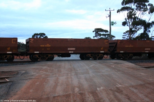 100822 6225
WOE type iron ore waggon WOE 33469 is one of a batch of one hundred and twenty eight built by United Group Rail WA between August 2008 and March 2009 with serial number 950211-011 and fleet number 8978 for Koolyanobbing iron ore operations, on empty train 1416 at Hampton, August 22, 2010.
Keywords: WOE-type;WOE33469;United-Group-Rail-WA;950211-011;