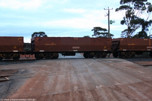 100822 6226
WOE type iron ore waggon WOE 33331 is one of a batch of one hundred and forty one built by United Goninan WA between November 2005 and April 2006 with serial number 950142-036 and fleet number 830 for Koolyanobbing iron ore operations, on empty train 1416 at Hampton, August 22, 2010.
Keywords: WOE-type;WOE33331;United-Goninan-WA;950142-036;