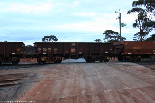 100822 6233
WO type iron ore waggon WO 31297 is one of a batch of fifteen built by WAGR Midland Workshops between July and October 1968 with fleet number 176 for Koolyanobbing iron ore operations, with a 75 ton and 1018 ft³ capacity, on empty train 1416 at Hampton, August 22, 2010. This unit was converted to WOG for gypsum in late 1980s till 1994 when it was re-classed back to WO.
Keywords: WO-type;WO31297;WAGR-Midland-WS;