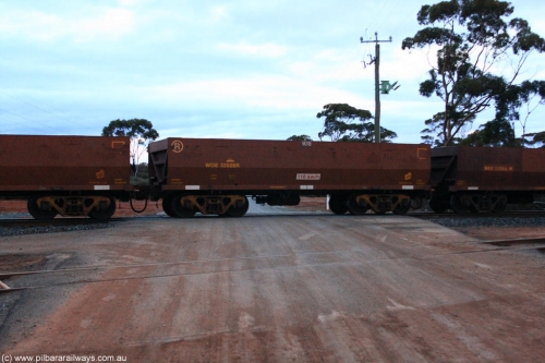 100822 6253
WOE type iron ore waggon WOE 33528 is one of a batch of one hundred and twenty eight built by United Group Rail WA between August 2008 and March 2009 with serial number 950211-068 and fleet number 9018 for Koolyanobbing iron ore operations, on empty train 1416 at Hampton, August 22, 2010.
Keywords: WOE-type;WOE33528;United-Group-Rail-WA;950211-068;