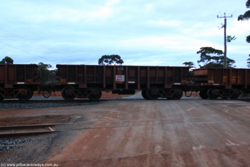 100822 6264
WOD type iron ore waggon WOD 31455 is one of a batch of sixty two built by Goninan WA between April and August 2000 with serial number 950086-027 and fleet number 518 for Koolyanobbing iron ore operations with a 75 ton capacity for Portman Mining to cart their Koolyanobbing iron ore to Esperance, now with PORTMAN painted out, on empty train 1416 at Hampton, August 22, 2010.
Keywords: WOD-type;WOD31455;Goninan-WA;950086-027;