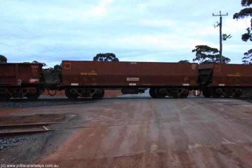 100822 6278
WOE type iron ore waggon WOE 33504 is one of a batch of one hundred and twenty eight built by United Group Rail WA between August 2008 and March 2009 with serial number 950211-044 and fleet number 9068 for Koolyanobbing iron ore operations, on empty train 1416 at Hampton, August 22, 2010.
Keywords: WOE-type;WOE33504;United-Group-Rail-WA;950211-044;
