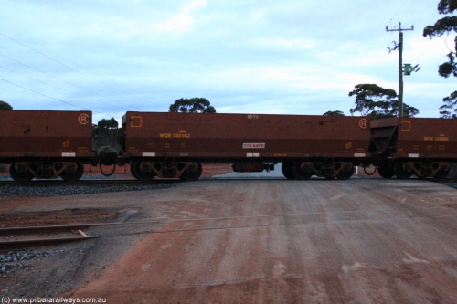 100822 6280
WOE type iron ore waggon WOE 33518 is one of a batch of one hundred and twenty eight built by United Group Rail WA between August 2008 and March 2009 with serial number 950211-058 and fleet number 9070 for Koolyanobbing iron ore operations, on empty train 1416 at Hampton, August 22, 2010.
Keywords: WOE-type;WOE33518;United-Group-Rail-WA;950211-058;