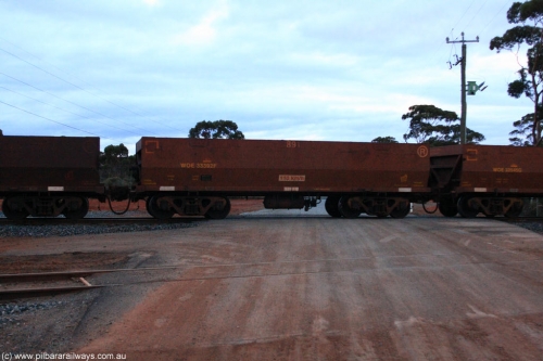 100822 6298
WOE type iron ore waggon WOE 33392 is one of a batch of one hundred and forty one built by United Group Rail WA between November 2005 and April 2006 with serial number 950142-097 and fleet number 891 for Koolyanobbing iron ore operations, on empty train 1416 at Hampton, August 22, 2010.
Keywords: WOE-type;WOE33392;United-Group-Rail-WA;950142-097;