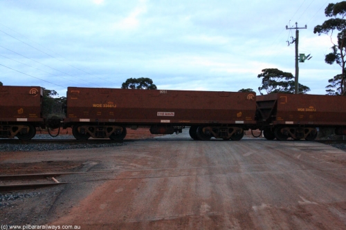 100822 6300
WOE type iron ore waggon WOE 33561 is one of a batch of one hundred and twenty eight built by United Group Rail WA between August 2008 and March 2009 with serial number 950211-101 and fleet number 9051 for Koolyanobbing iron ore operations, on empty train 1416 at Hampton, August 22, 2010.
Keywords: WOE-type;WOE33561;United-Group-Rail-WA;950211-101;