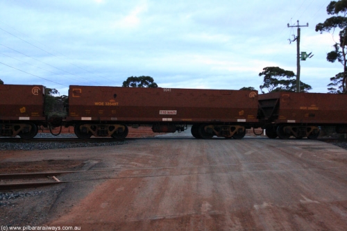 100822 6302
WOE type iron ore waggon WOE 33549 is one of a batch of one hundred and twenty eight built by United Group Rail WA between August 2008 and March 2009 with serial number 950211-089 and fleet number 9041 for Koolyanobbing iron ore operations, on empty train 1416 at Hampton, August 22, 2010.
Keywords: WOE-type;WOE33549;United-Group-Rail-WA;950211-089;