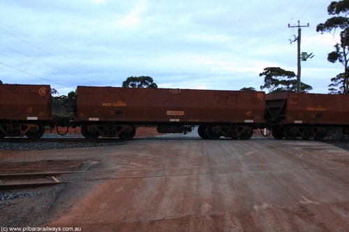 100822 6304
WOE type iron ore waggon WOE 33408 is one of a batch of one hundred and forty one built by United Group Rail WA between November 2005 and April 2006 with serial number 950142-113 and fleet number 8907 for Koolyanobbing iron ore operations, on empty train 1416 at Hampton, August 22, 2010.
Keywords: WOE-type;WOE33408;United-Group-Rail-WA;950142-113;
