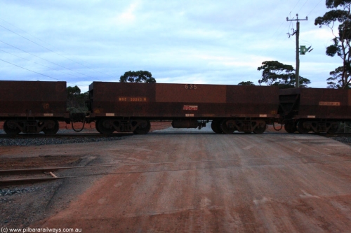 100822 6321
WOE type iron ore waggon WOE 30293 is one of a batch of one hundred and thirty built by Goninan WA between March and August 2001 with serial number 950092-043 and fleet number 635 for Koolyanobbing iron ore operations, on empty train 1416 at Hampton, August 22, 2010.
Keywords: WOE-type;WOE30293;Goninan-WA;950092-043;
