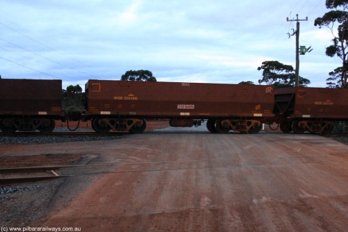 100822 6324
WOE type iron ore waggon WOE 33548 is one of a batch of one hundred and twenty eight built by United Group Rail WA between August 2008 and March 2009 with serial number 950211-088 and fleet number 9043 for Koolyanobbing iron ore operations, on empty train 1416 at Hampton, August 22, 2010.
Keywords: WOE-type;WOE33548;United-Group-Rail-WA;950211-088;