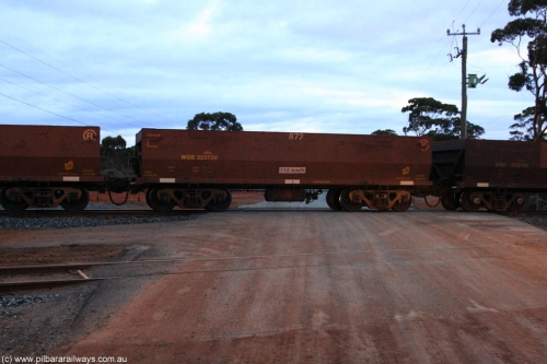 100822 6325
WOE type iron ore waggon WOE 33373 is one of a batch of one hundred and forty one built by United Goninan WA between November 2005 and April 2006 with serial number 950142-078 and fleet number 872 for Koolyanobbing iron ore operations, on empty train 1416 at Hampton, August 22, 2010.
Keywords: WOE-type;WOE33373;United-Goninan-WA;950142-078;
