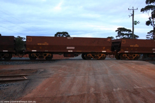 100822 6327
WOE type iron ore waggon WOE 33577 is one of a batch of one hundred and twenty eight built by United Group Rail WA between August 2008 and March 2009 with serial number 950211-117 and fleet number 9077 for Koolyanobbing iron ore operations, on empty train 1416 at Hampton, August 22, 2010.
Keywords: WOE-type;WOE33577;United-Group-Rail-WA;950211-117;