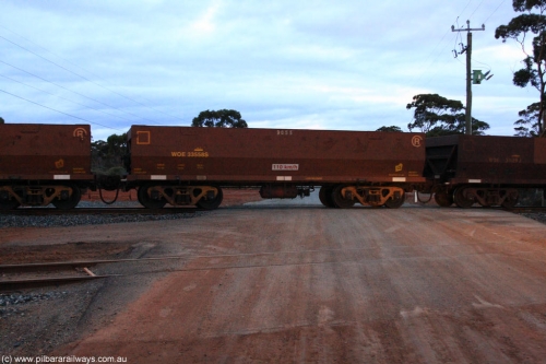 100822 6328
WOE type iron ore waggon WOE 33558 is one of a batch of one hundred and twenty eight built by United Group Rail WA between August 2008 and March 2009 with serial number 950211-098 and fleet number 9055 for Koolyanobbing iron ore operations, on empty train 1416 at Hampton, 22nd August 2010.
Keywords: WOE-type;WOE33558;United-Group-Rail-WA;950211-098;