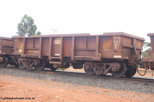 PD 12412
Binduli, WOB type iron ore waggon WOB 31393 is one of a batch of twenty five built by Comeng WA between 1974 and 1975 and converted from Mt Newman high sided waggons by WAGR Midland Workshops with a capacity of 67 tons with fleet number 318 for Koolyanobbing iron ore operations. This waggon was also converted to a WSM type ballast hopper by re-fitting the cut down top section and having bottom discharge doors fitted, converted back to WOB in 1998, and shows signs of heavy re-sheeting, returning empty to Koolyanobbing, 17th Feb 2013.
Keywords: Peter-D-Image;WOB-type;WOB31393;Comeng-WA;WSM-type;Mt-Newman-Mining;
