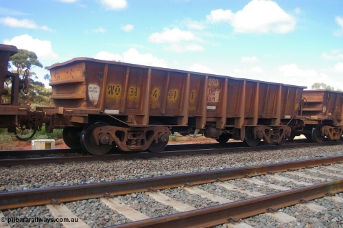 PD 12613
Binduli, WO type iron ore waggon WO 31401 is leader of a batch of eleven replacement waggons built by WAGR Midland Workshops between 1970 and 1971 with fleet number 180 for Koolyanobbing iron ore operations, with a 75 ton and 1018 ft³ capacity. This unit was converted to WOC for coal in 1986 till 1994 when it was re-classed back to WO. Seen here with the body top lip also fitted.
Keywords: Peter-D-Image;WO-type;WO31401;WAGR-Midland-WS;