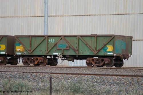 PD 12841
West Kalgoorlie, AOPY 32399 with fleet number 922, one of seventy ex ANR coal waggons rebuilt from AOKF type by Bluebird Engineering SA in service with ARG on Koolyanobbing iron ore trains. They used to be three metres longer and originally built by Metropolitan Cammell Britain as GB type in 1952-55, seen here in a rake with sister waggons.
Keywords: Peter-D-Image;AOPY-type;AOPY32399;Bluebird-Engineering-SA;Metropolitan-Cammell-Britain;GB-type;