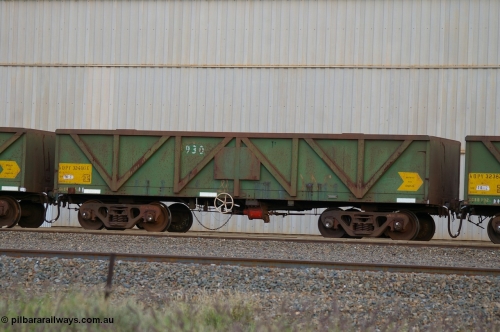 PD 12843
West Kalgoorlie, AOPY 32400 with fleet number 930, one of seventy ex ANR coal waggons rebuilt from AOKF type by Bluebird Engineering SA in service with ARG on Koolyanobbing iron ore trains. They used to be three metres longer and originally built by Metropolitan Cammell Britain as GB type in 1952-55, seen here in a rake with sister waggons.
Keywords: Peter-D-Image;AOPY-type;AOPY32400;Bluebird-Engineering-SA;Metropolitan-Cammell-Britain;GB-type;