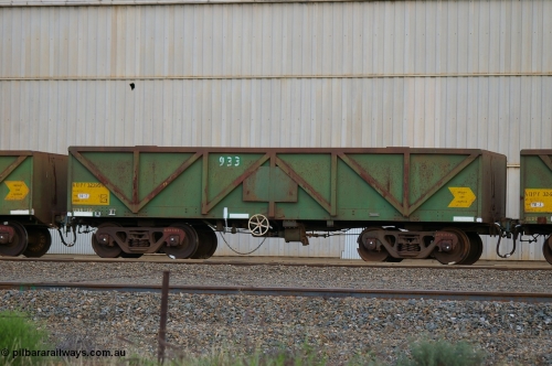 PD 12846
West Kalgoorlie, AOPY 32395 with fleet number 933, one of seventy ex ANR coal waggons rebuilt from AOKF type by Bluebird Engineering SA in service with ARG on Koolyanobbing iron ore trains. They used to be three metres longer and originally built by Metropolitan Cammell Britain as GB type in 1952-55, seen here in a rake with sister waggons.
Keywords: Peter-D-Image;AOPY-type;AOPY32395;Bluebird-Engineering-SA;Metropolitan-Cammell-Britain;GB-type;