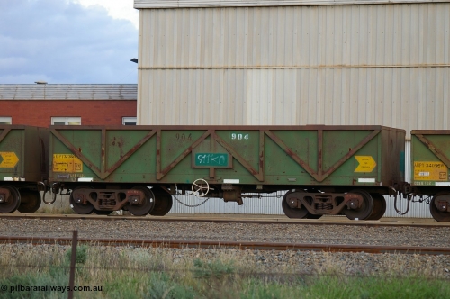 PD 12848
West Kalgoorlie, AOPY 32382 with black and white fleet number of 904, one of seventy ex ANR coal waggons rebuilt from AOKF type by Bluebird Engineering SA in service with ARG on Koolyanobbing iron ore trains. They used to be three metres longer and originally built by Metropolitan Cammell Britain as GB type in 1952-55.
Keywords: Peter-D-Image;AOPY-type;AOPY32382;Bluebird-Engineering-SA;Metropolitan-Cammell-Britain;GB-type;