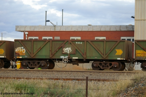 PD 12849
West Kalgoorlie, AOPY 34077 with fleet number 944, one of seventy ex ANR coal waggons rebuilt from AOKF type by Bluebird Engineering SA in service with ARG on Koolyanobbing iron ore trains. They used to be three metres longer and originally built by Metropolitan Cammell Britain as GB type in 1952-55.
Keywords: Peter-D-Image;AOPY-type;AOPY34077;Bluebird-Engineering-SA;Metropolitan-Cammell-Britain;GB-type;