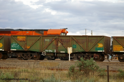 PD 12851
West Kalgoorlie, AOPY 32371 with fleet number 905 and of the drop floor type, type leader of seventy ex ANR coal waggons rebuilt from AOKF type by Bluebird Engineering SA in service with ARG on Koolyanobbing iron ore trains. They used to be three metres longer and originally built by Metropolitan Cammell Britain as GB type in 1952-55, seen here in a rake with sister waggons.
Keywords: Peter-D-Image;AOPY-type;AOPY32371;Bluebird-Engineering-SA;Metropolitan-Cammell-Britain;GB-type;