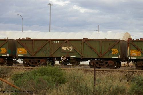PD 12857
West Kalgoorlie, AOPY 34079 with fleet number 945, one of seventy ex ANR coal waggons rebuilt from AOKF type by Bluebird Engineering SA in service with ARG on Koolyanobbing iron ore trains. They used to be three metres longer and originally built by Metropolitan Cammell Britain as GB type in 1952-55.
Keywords: Peter-D-Image;AOPY-type;AOPY34079;Bluebird-Engineering-SA;Metropolitan-Cammell-Britain;GB-type;